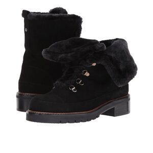 Stuart Weitzman Luge Black Suede Leather Lug Sole Faux Fur Lined Boot Size 6